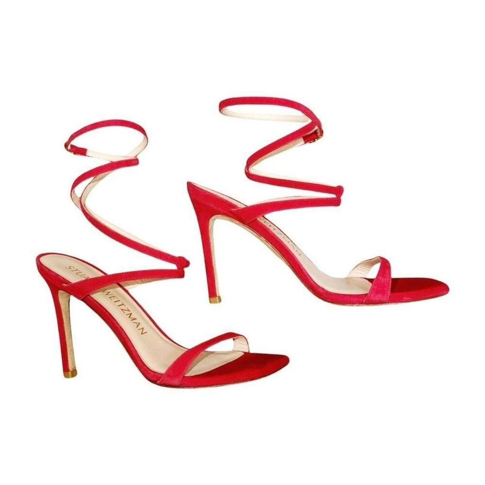 Stuart Weitzman Ellsie 100 Red Suede Ankle Strap Sandal Heel 7.5